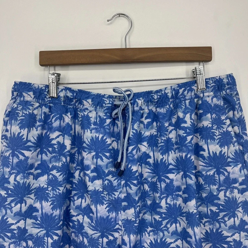 Peter Millar Seaside Swim Trunks‎ Men's 2XL Blue Palm Trees Elastic Waist